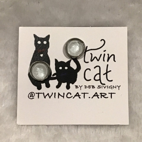 Twin Cat White Tiny Stud Earrings