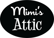 Mimi's Attic stylized white script logo on black oval