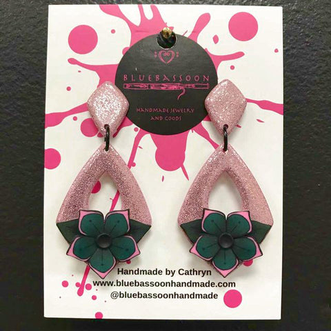 BlueBassoon Pink & Emerald Flower Dangle Earrings