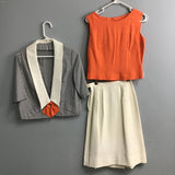 3pc Vintage Orange & White Jacket, Blouse, & Skirt Set
