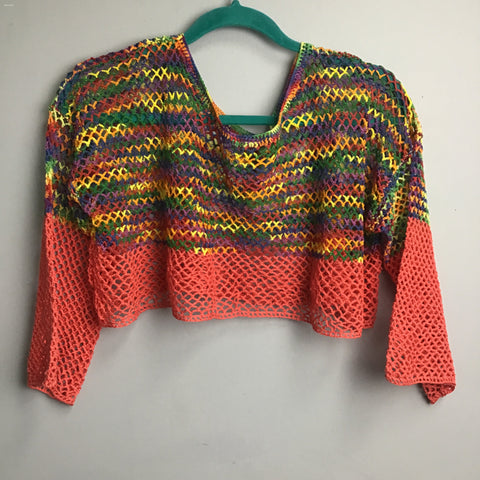 Mama Hatsy Half-Sleeve Crochet Crop Top, Rainbow Coral