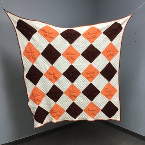 Vintage Mid-Century Handmade White, Brown, & Orange Throw Blanket