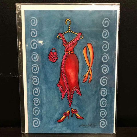 Andrea Strongwater "Paris Gowns Red Ruffles on Turquoise" 5x7 Note/Greeting Card